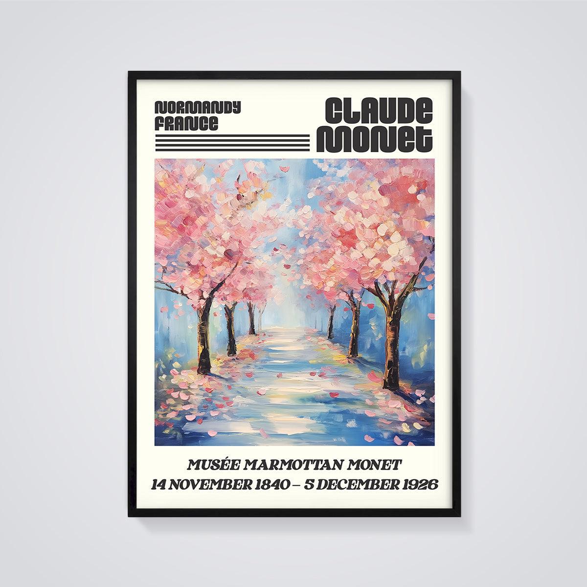 Monet Normandy Cherry Blossom Path Print framed in black on a grey background