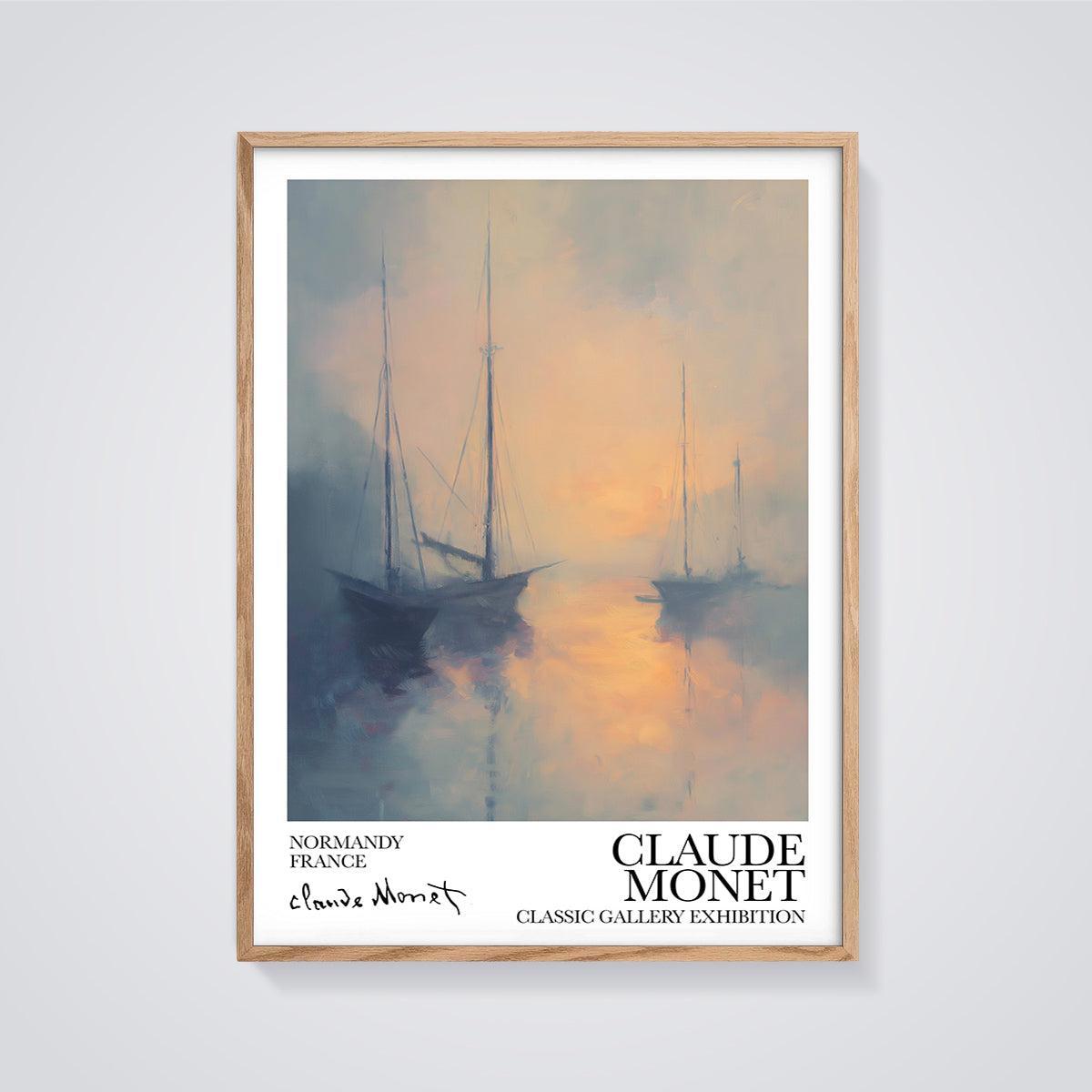 Monet Normandy Sailboats Print framed in oak on a grey background