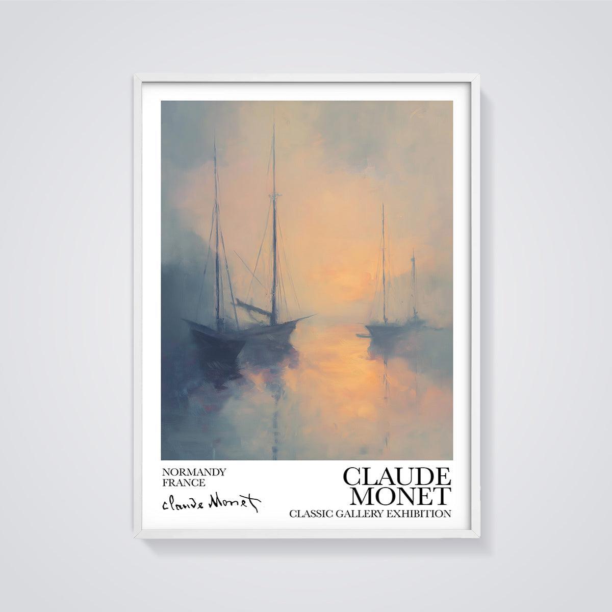 Monet Normandy Sailboats Print framed in white on a grey background