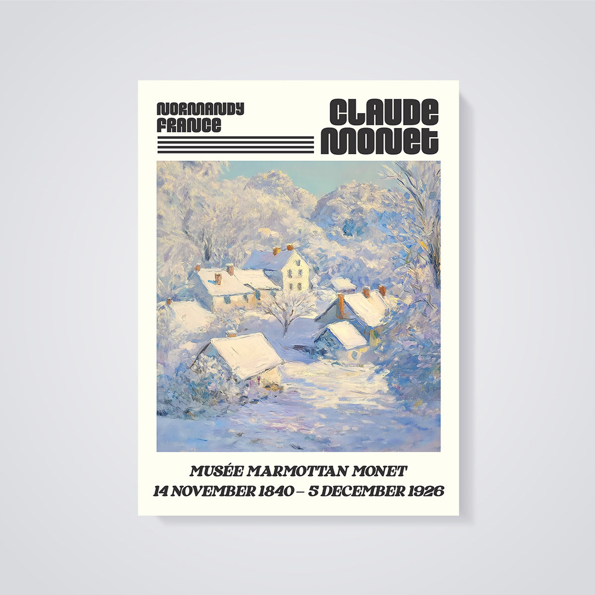 Monet Normandy Snow Village Print unframed on a grey background