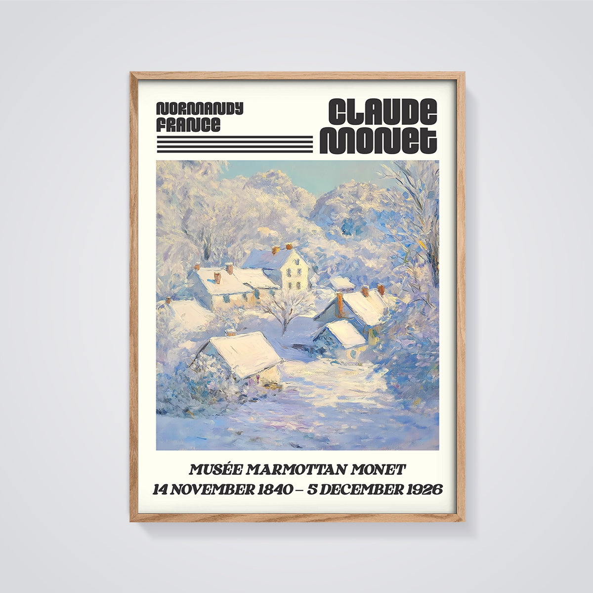 Monet Normandy Snow Village Print framed in oak on a grey background