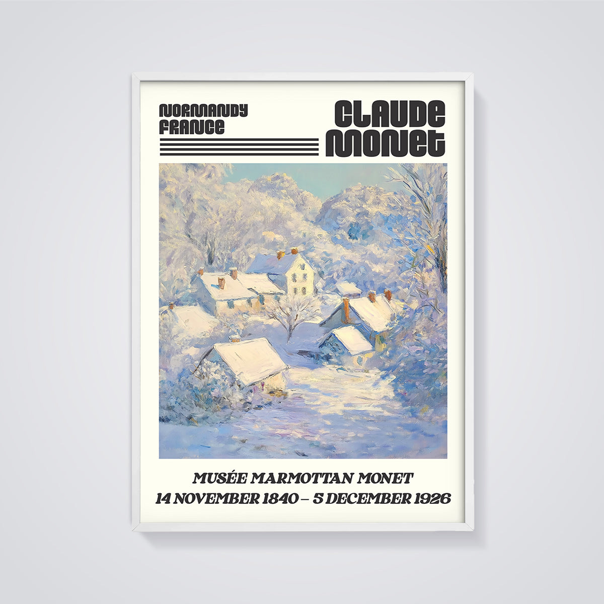 Monet Normandy Snow Village Print framed in white on a grey background