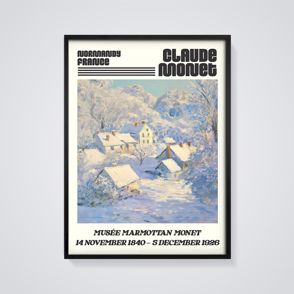 Monet Normandy Snow Village Print framed in black on a grey background