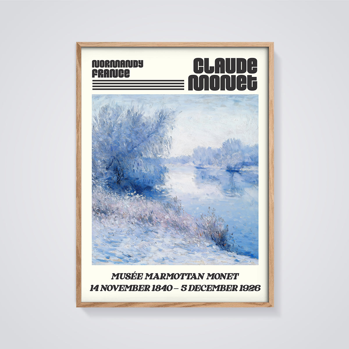 Monet Normandy Winter Landscape Print framed in oak on a grey background