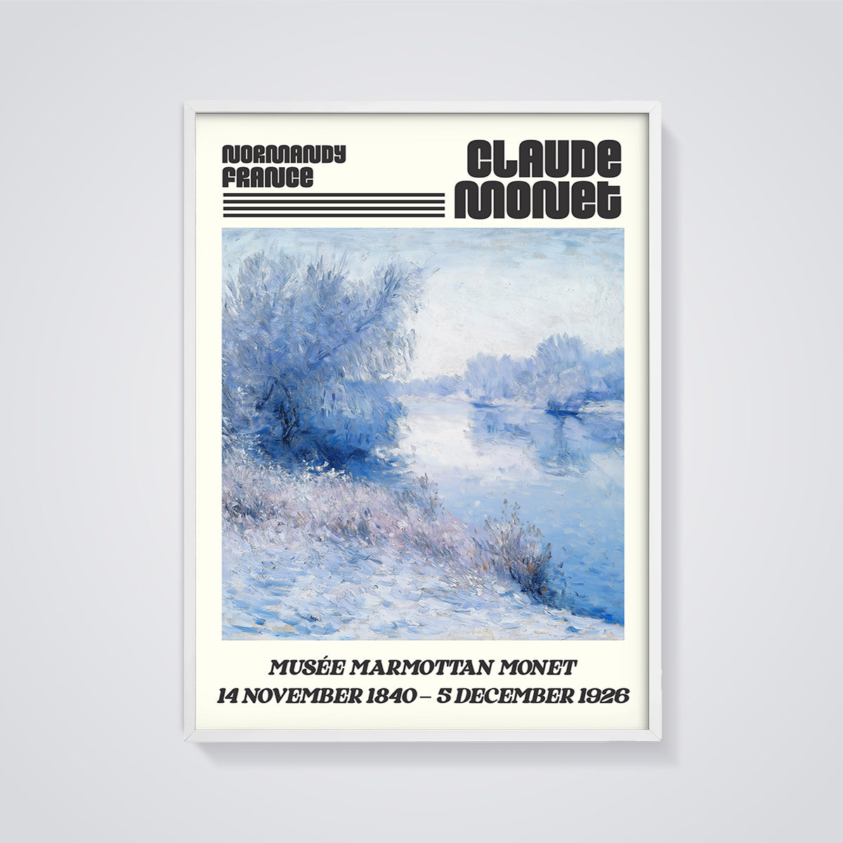 Monet Normandy Winter Landscape Print framed in white on a grey background