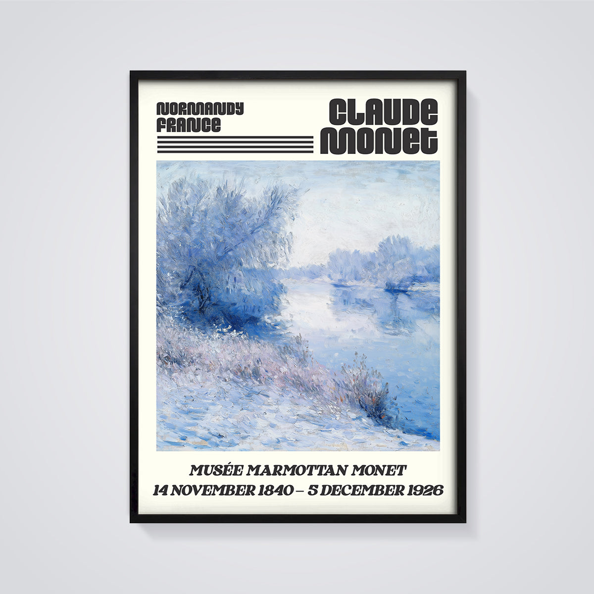 Monet Normandy Winter Landscape Print framed in black on a grey background