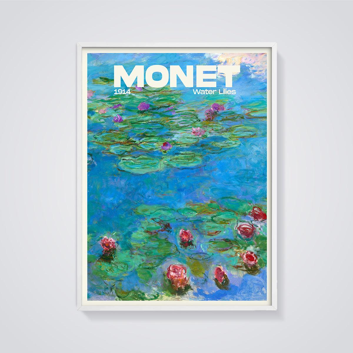 Monet Water Lilies 1914 Print framed in white on a grey background