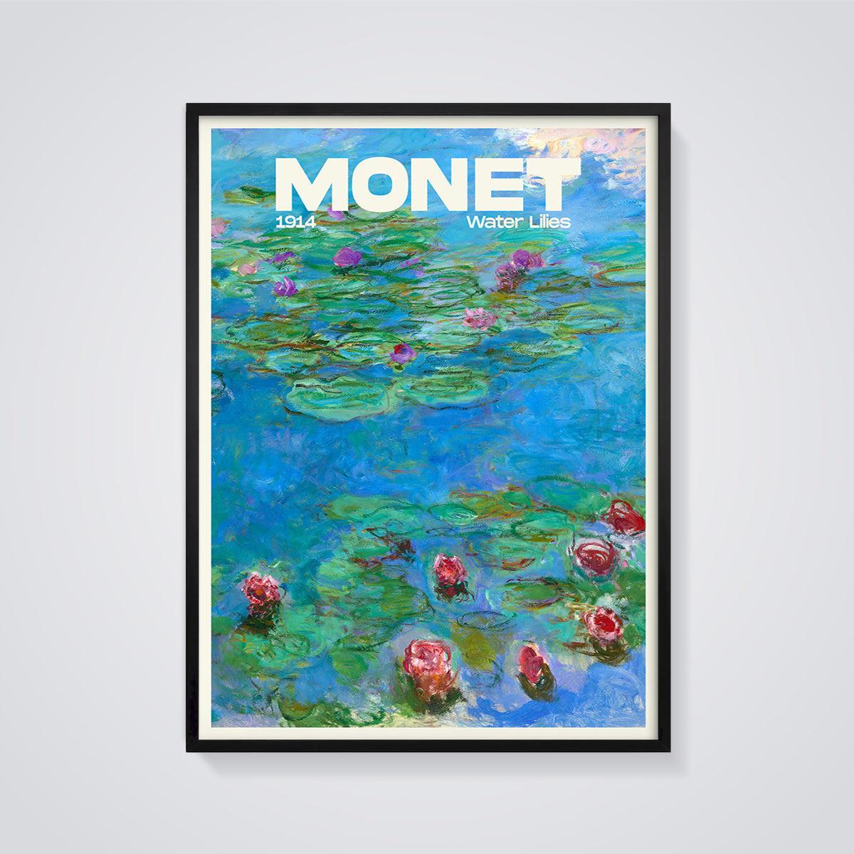 Monet Water Lilies 1914 Print framed in black on a grey background