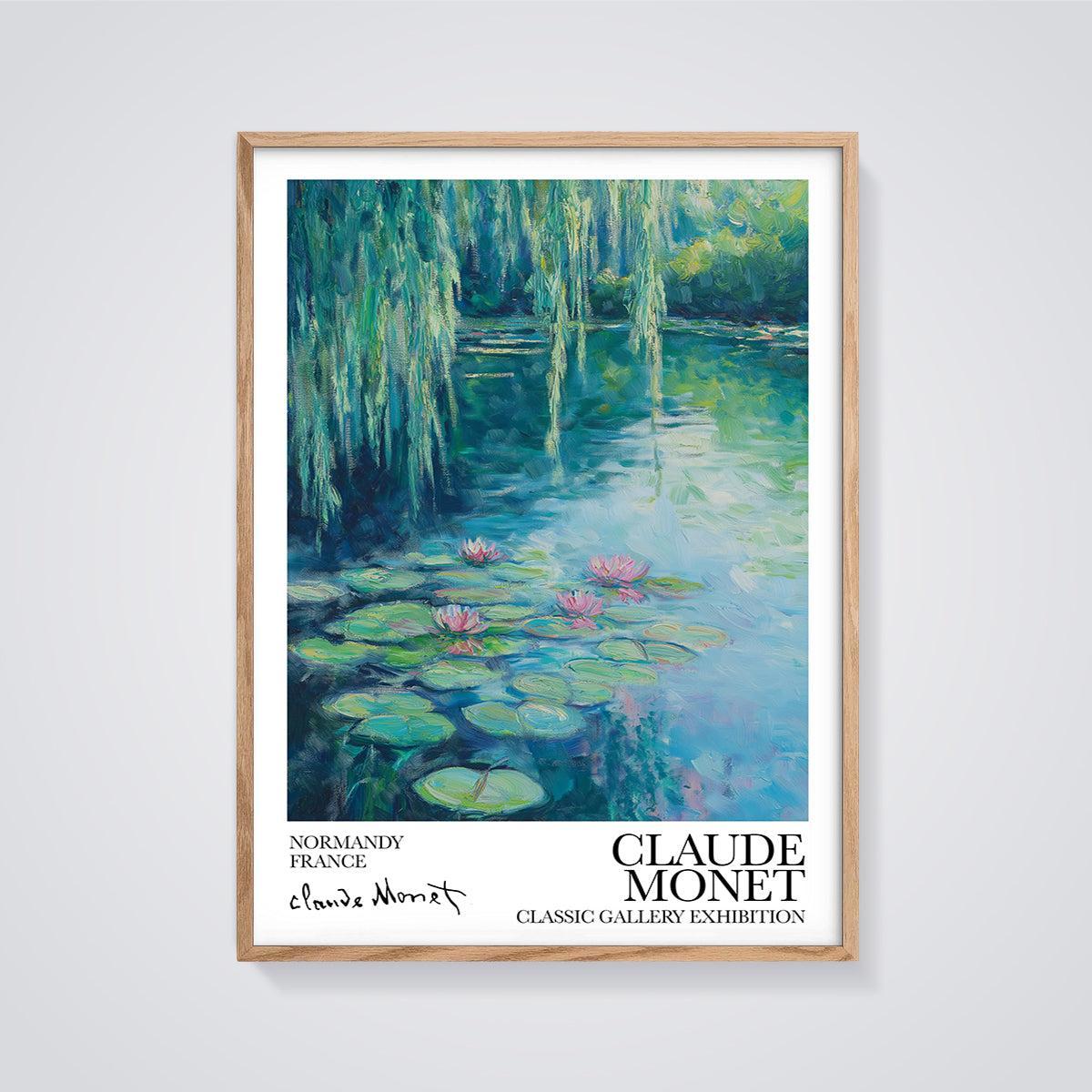 Monet Water Lilies Pond Print framed in oak on a grey background