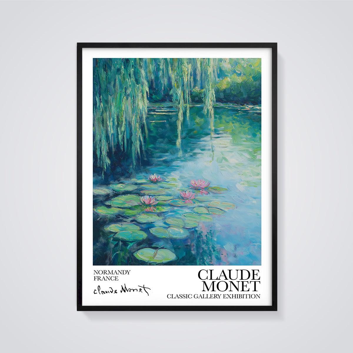 Monet Water Lilies Pond Print framed in black on a grey background
