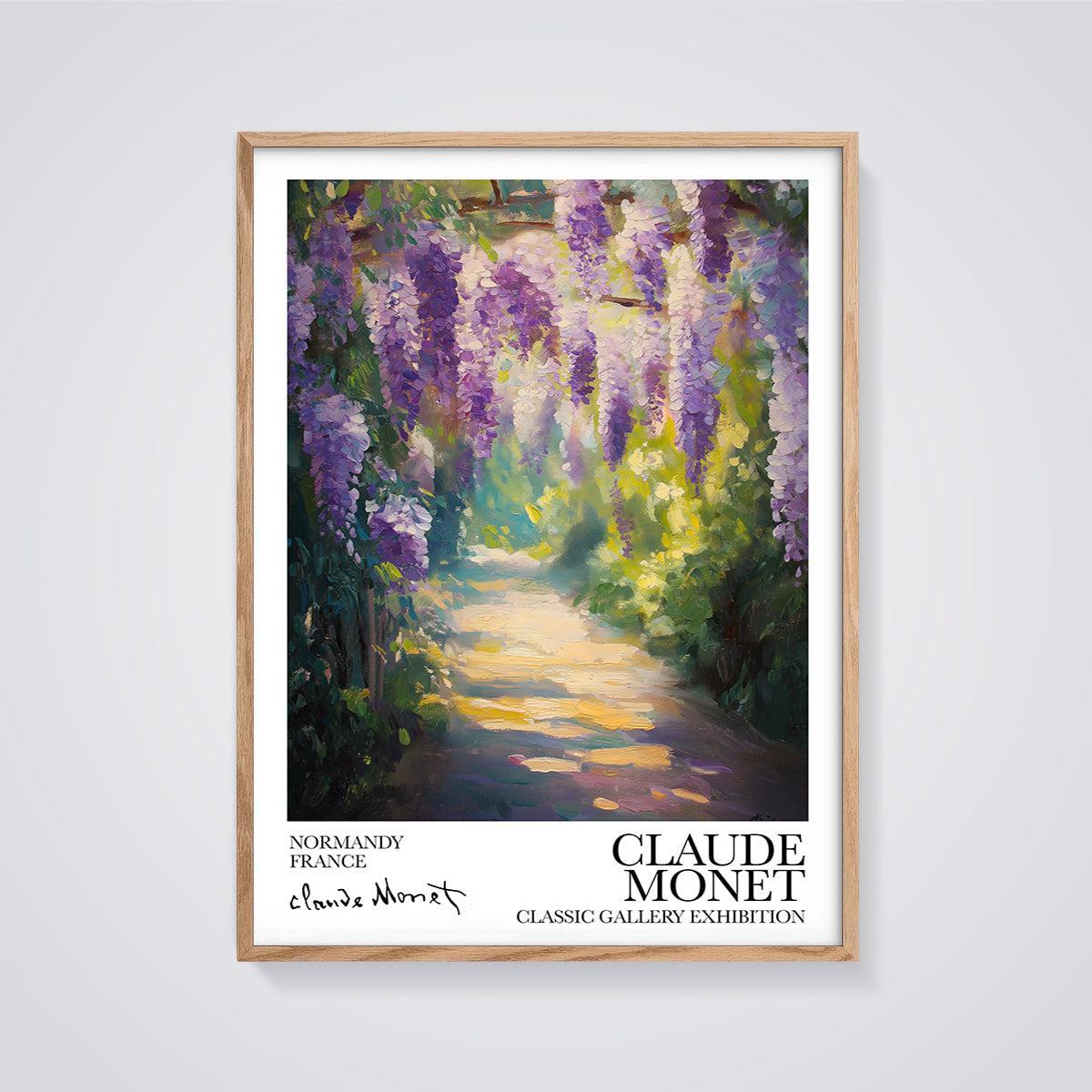 Monet Wisteria Garden Path Print framed in oak on a grey background