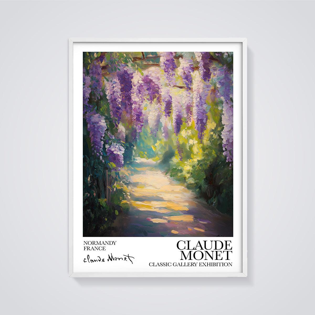 Monet Wisteria Garden Path Print framed in white on a grey background