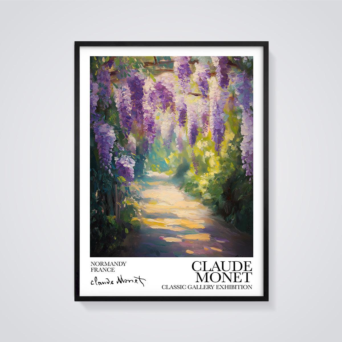 Monet Wisteria Garden Path Print framed in black on a grey background