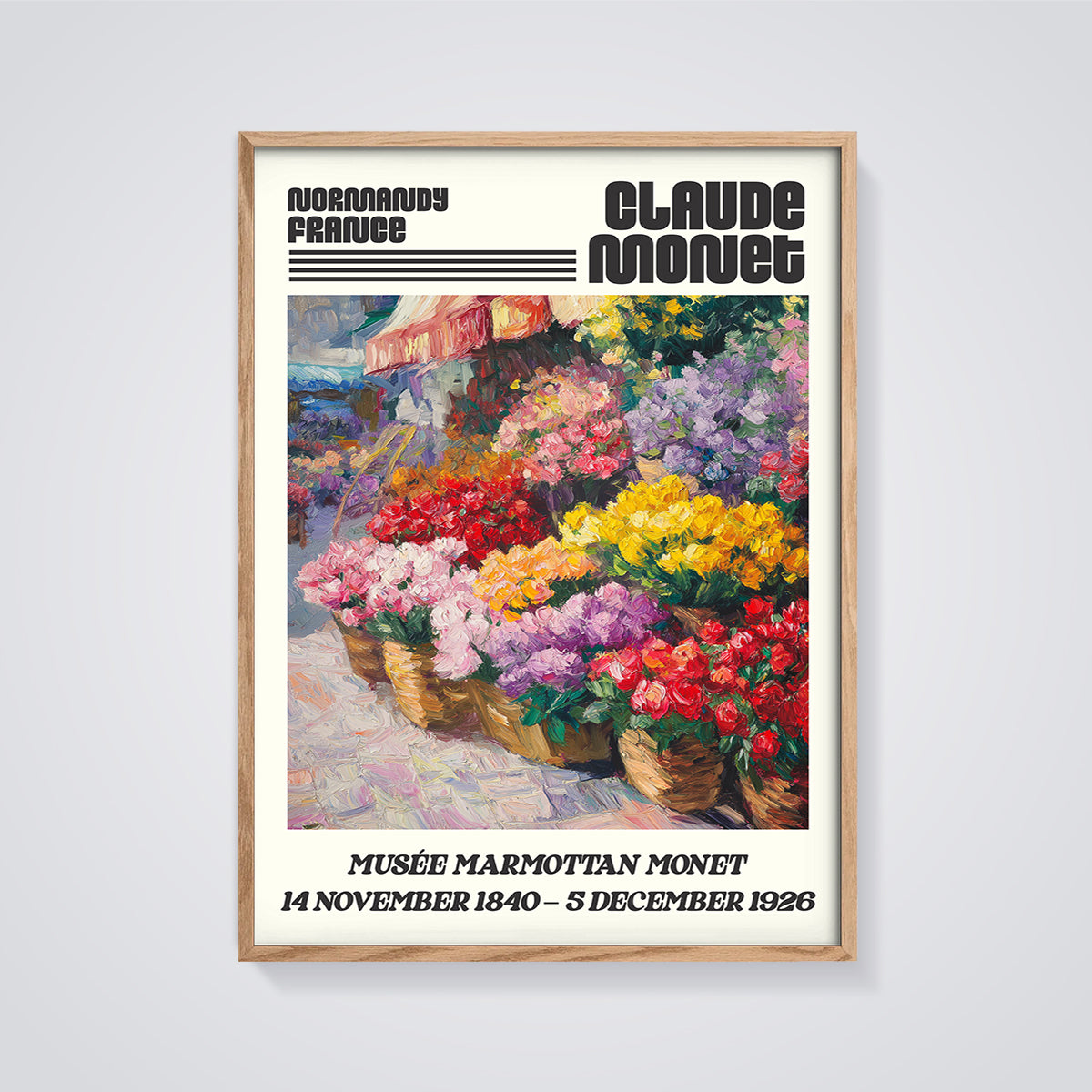 Monet's Flower Baskets Normandy Print framed in oak on a grey background