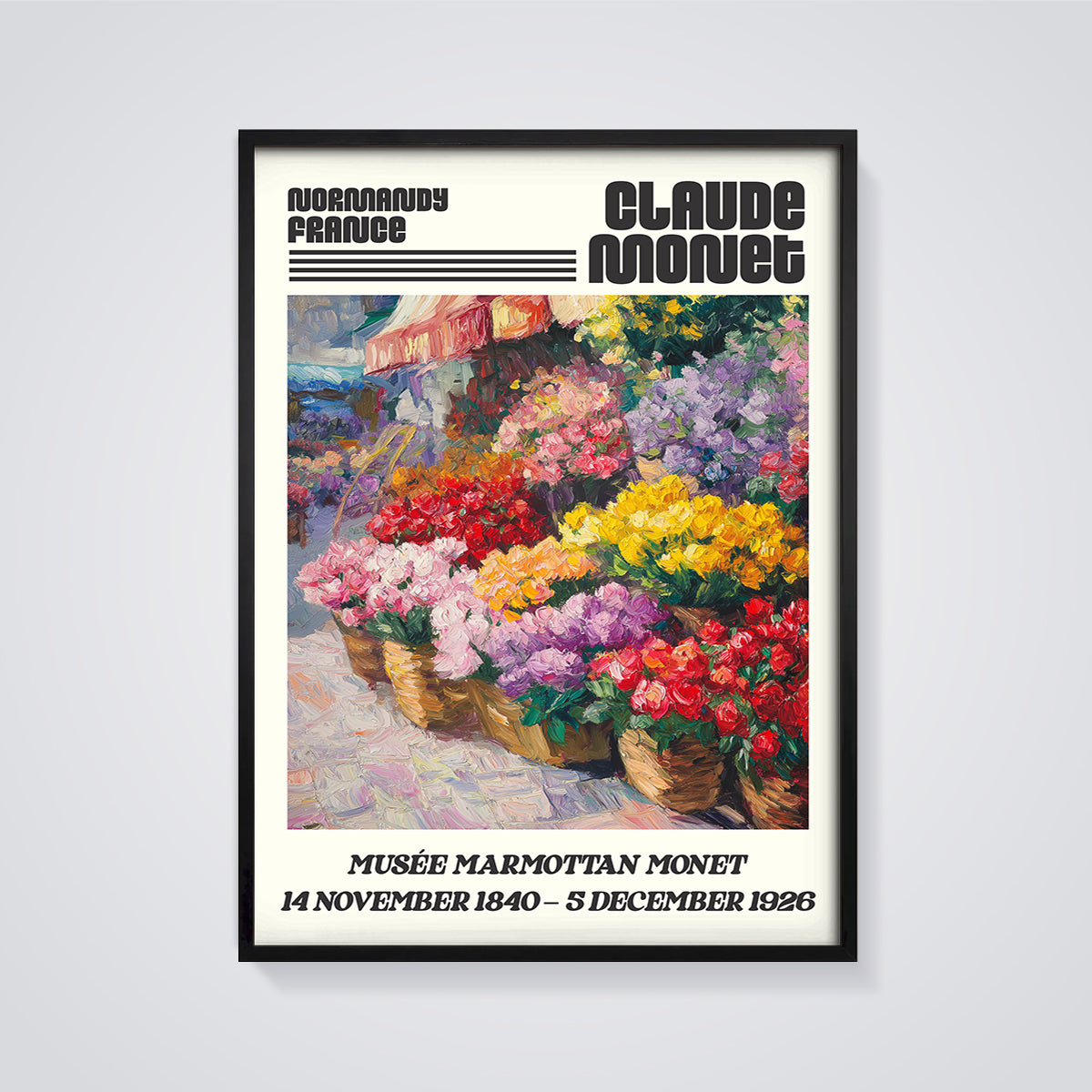 Monet's Flower Baskets Normandy Print framed in black on a grey background