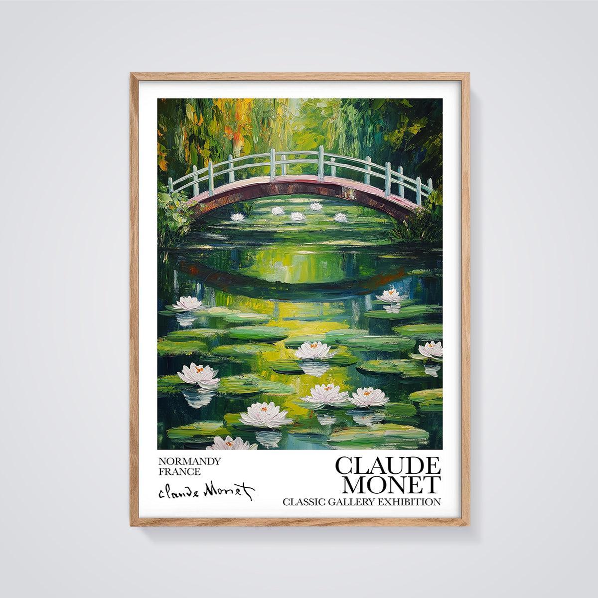 Monet's Giverny Japanese Bridge Print framed in oak on a grey background