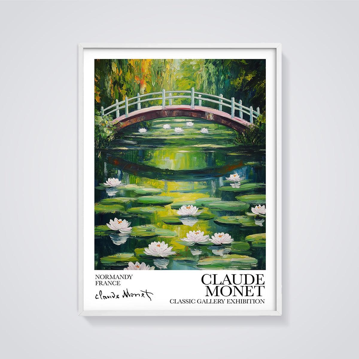 Monet's Giverny Japanese Bridge Print framed in white on a grey background