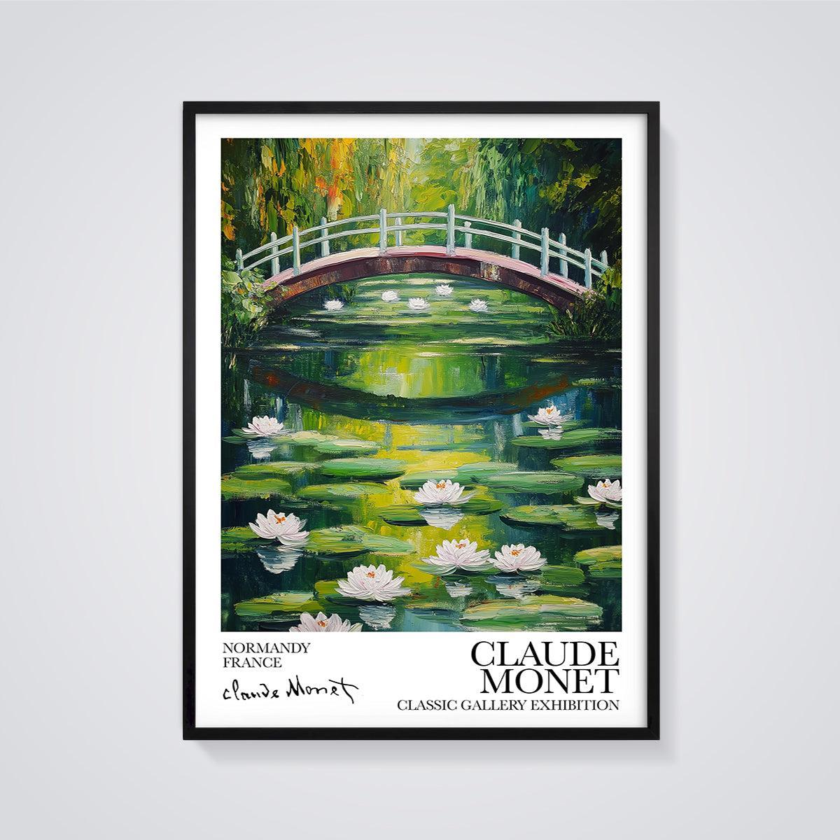 Monet's Giverny Japanese Bridge Print framed in black on a grey background