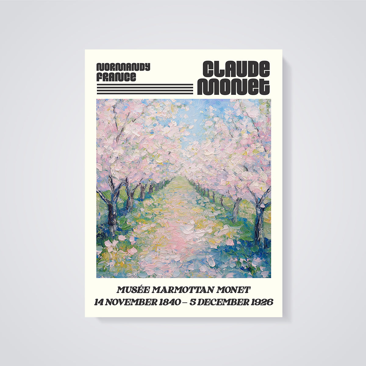 Monet's Normandy Blossom Alley Print unframed on a grey background