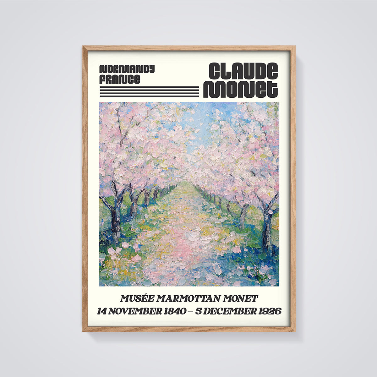 Monet's Normandy Blossom Alley Print framed in oak on a grey background