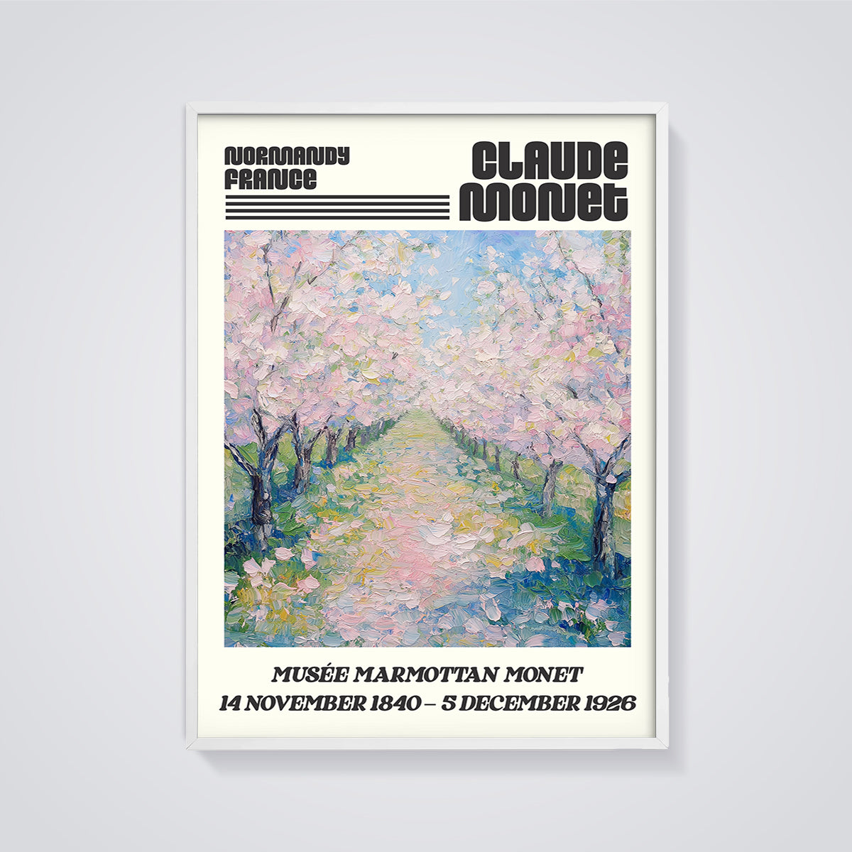 Monet's Normandy Blossom Alley Print framed in white on a grey background