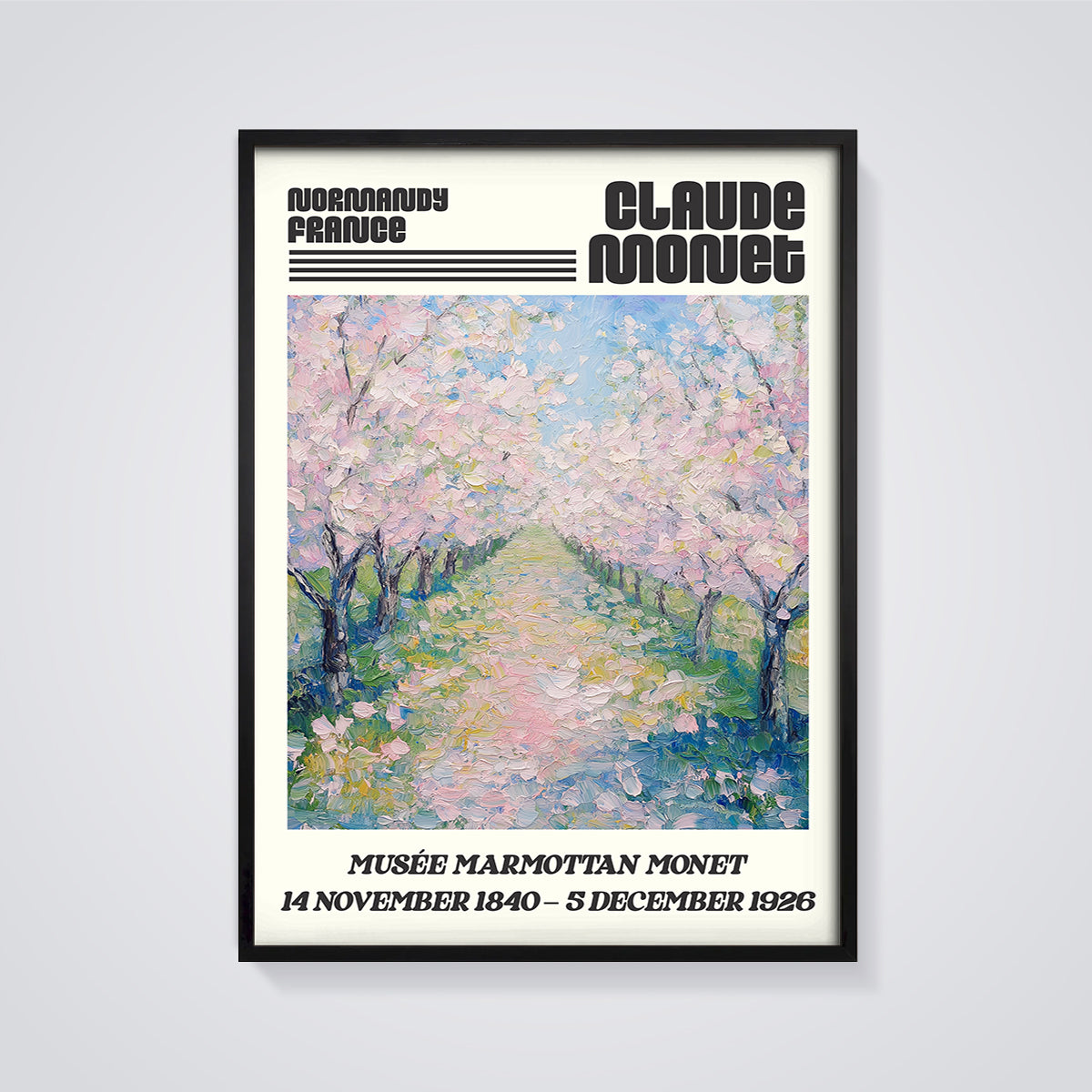 Monet's Normandy Blossom Alley Print framed in black on a grey background