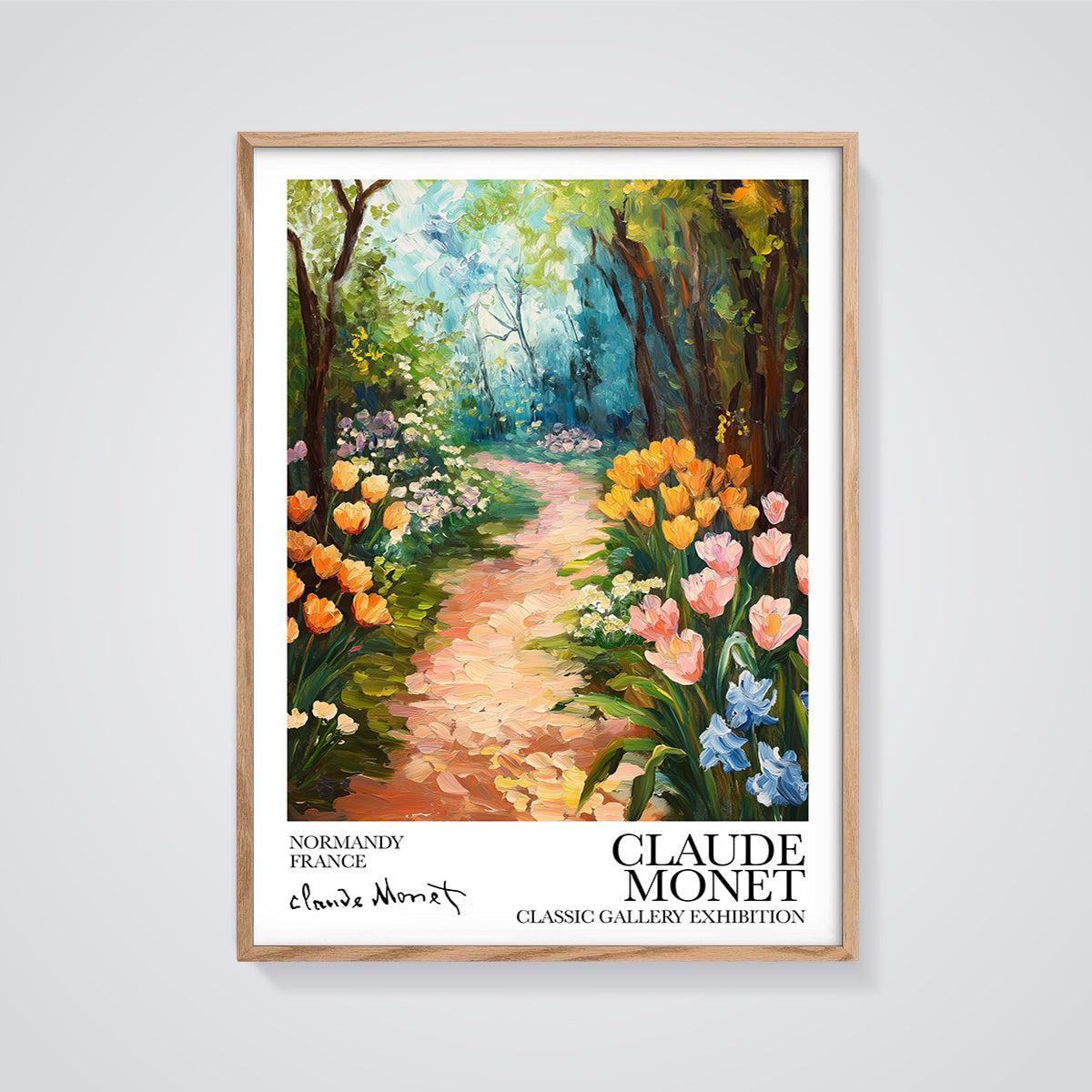 Monet's Normandy Garden Path Print framed in oak on a grey background