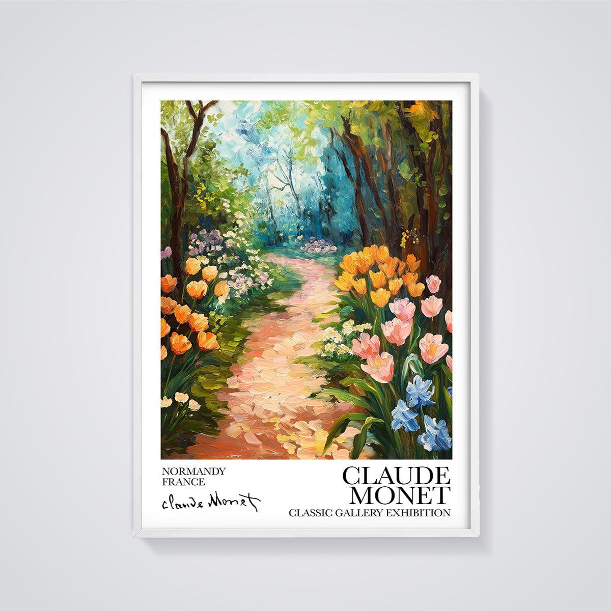 Monet's Normandy Garden Path Print framed in white on a grey background