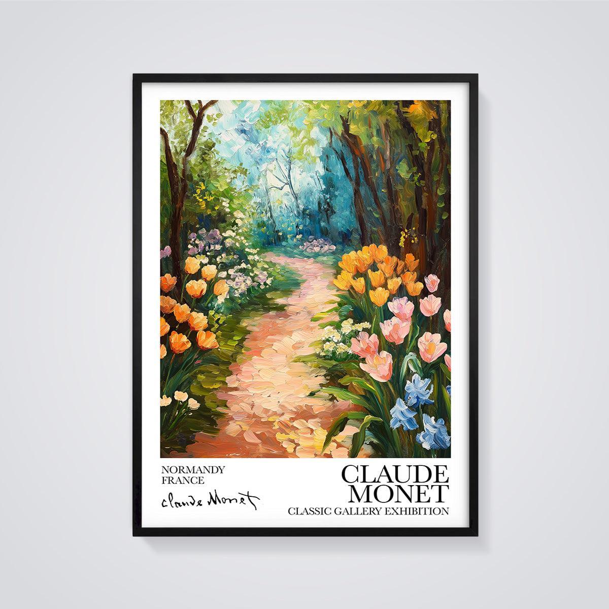 Monet's Normandy Garden Path Print framed in black on a grey background