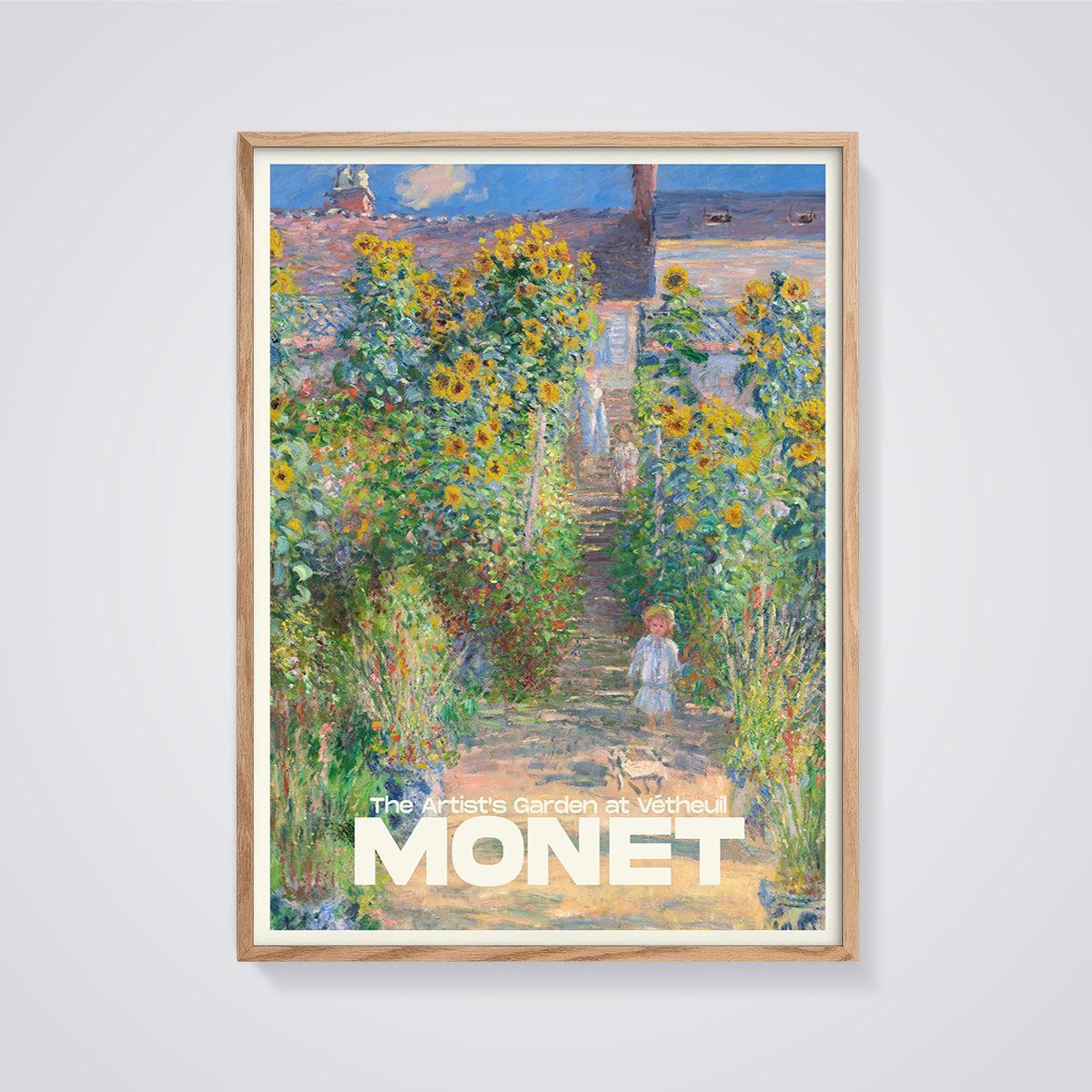 Monet's The Artist's Garden at Vétheuil Print framed in oak on a grey background