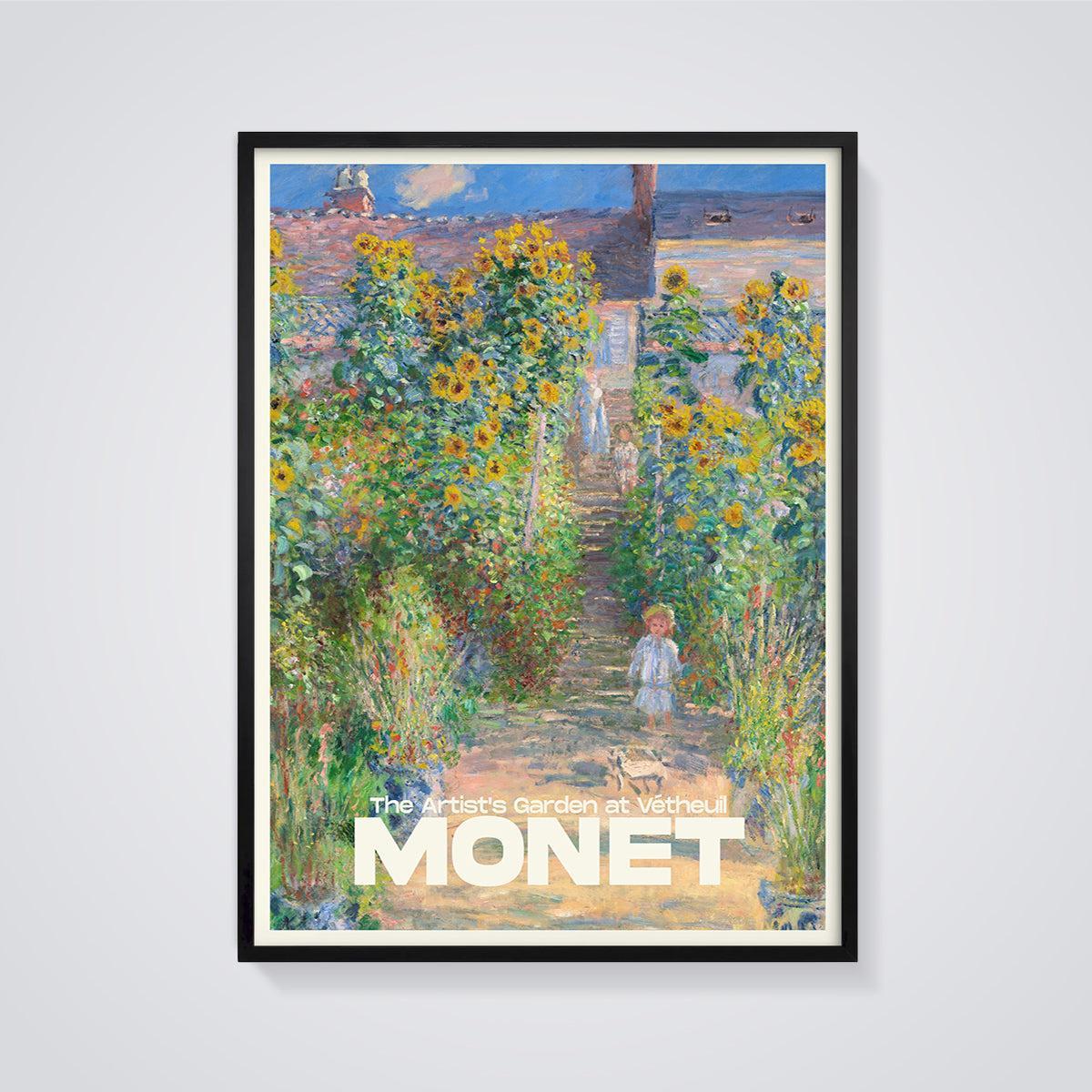 Monet's The Artist's Garden at Vétheuil Print framed in black on a grey background