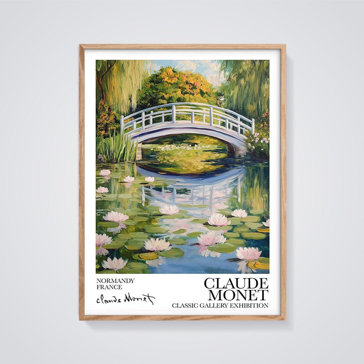 Monet's Water Lily Bridge Print framed in oak on a grey background