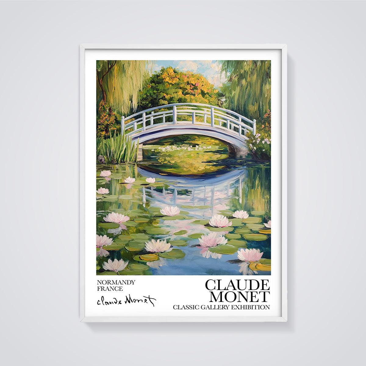 Monet's Water Lily Bridge Print framed in white on a grey background