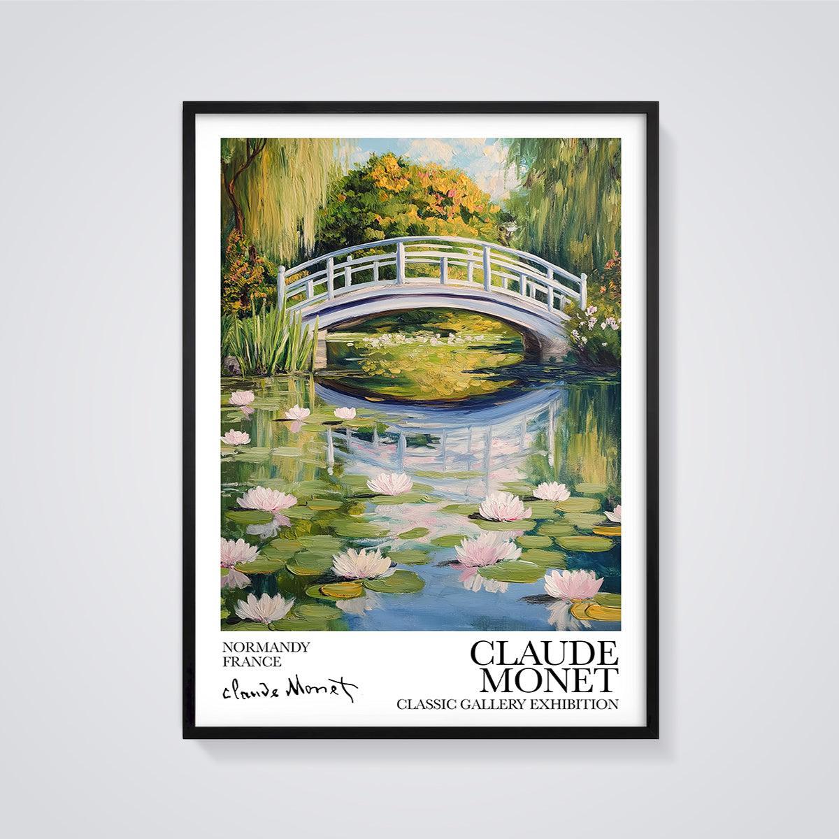 Monet's Water Lily Bridge Print framed in black on a grey background
