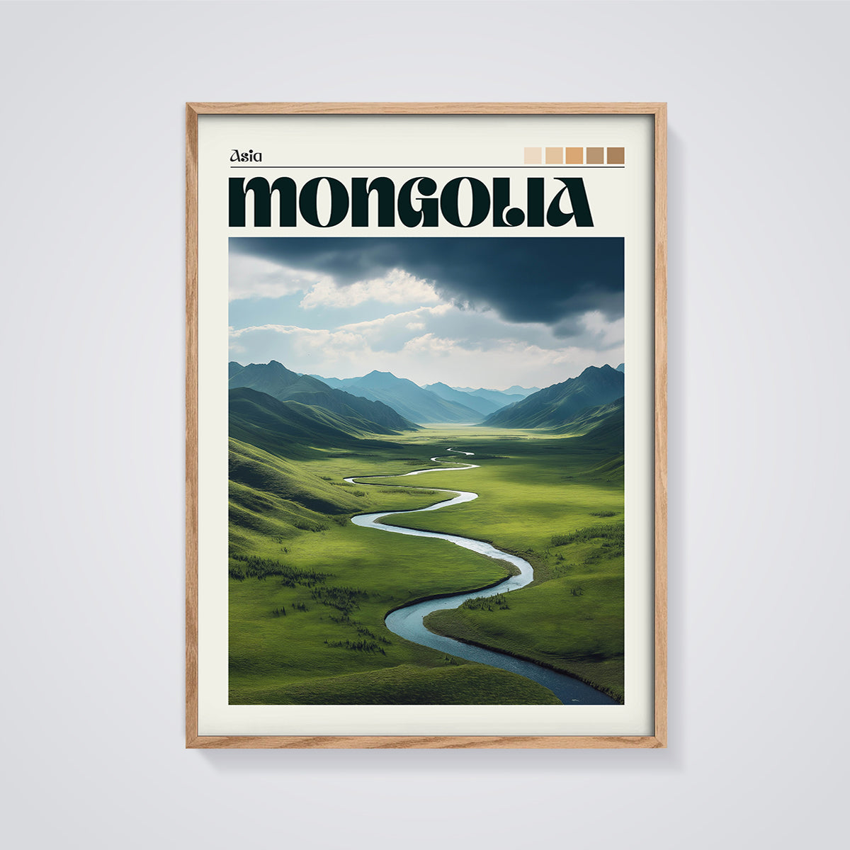 Mongolia Serpentine River Print framed in oak on a grey background