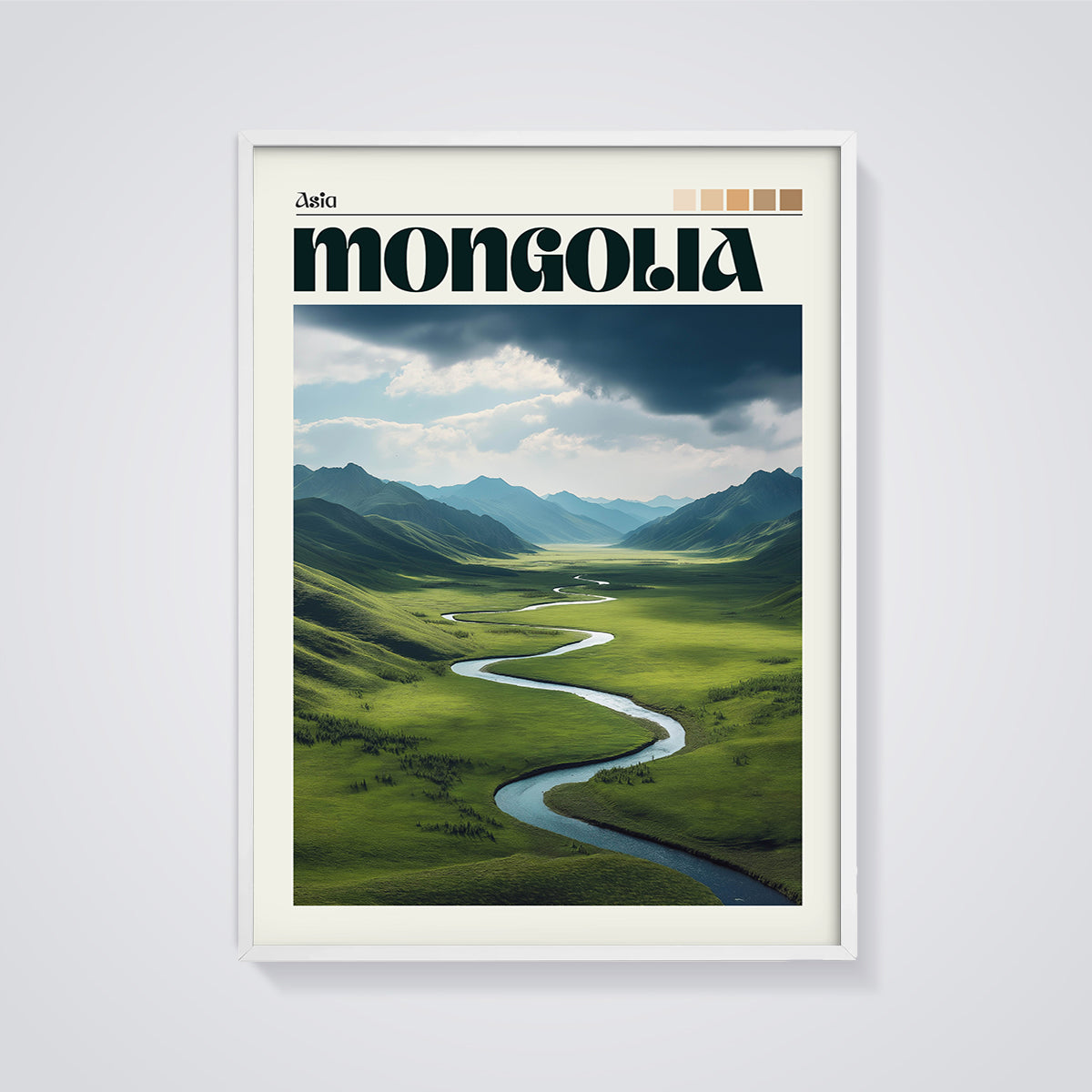 Mongolia Serpentine River Print framed in white on a grey background