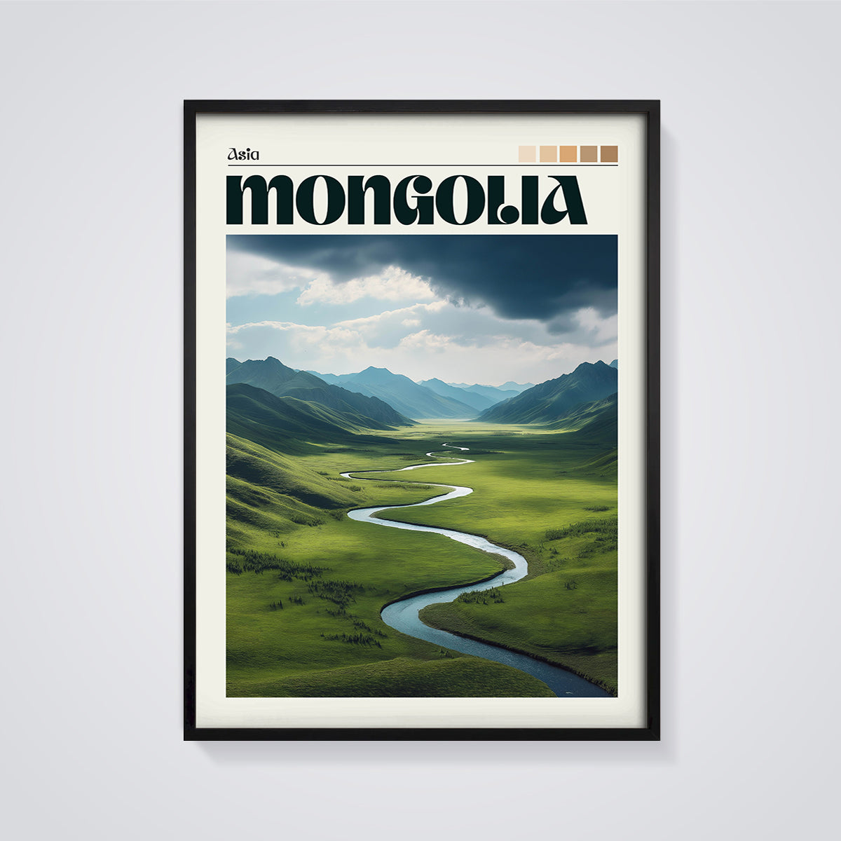 Mongolia Serpentine River Print framed in black on a grey background