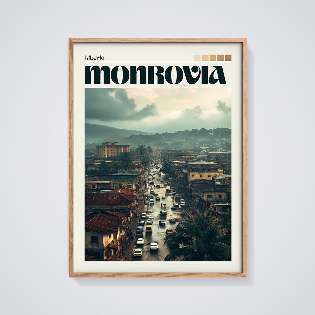 Monrovia Liberia Street Scene Print framed in oak on a grey background