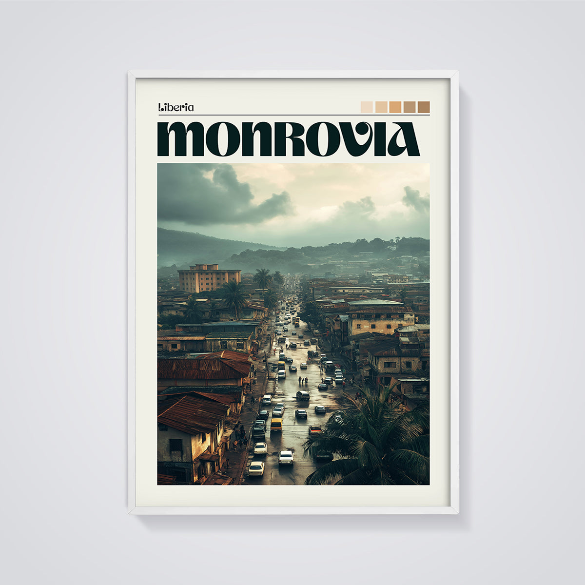 Monrovia Liberia Street Scene Print framed in white on a grey background