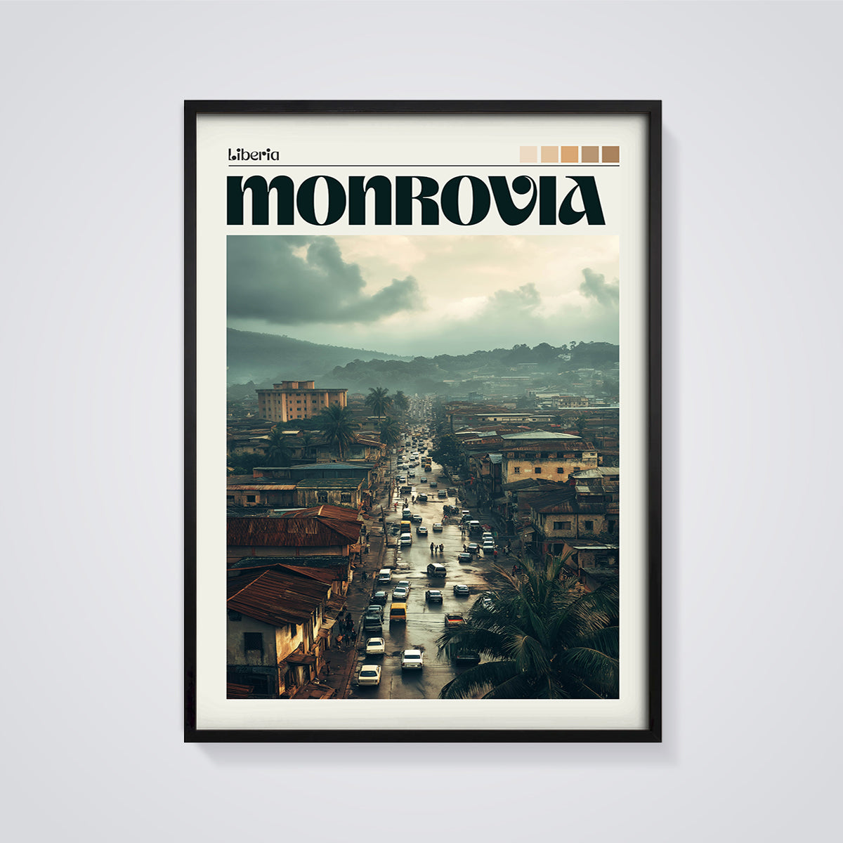 Monrovia Liberia Street Scene Print framed in black on a grey background