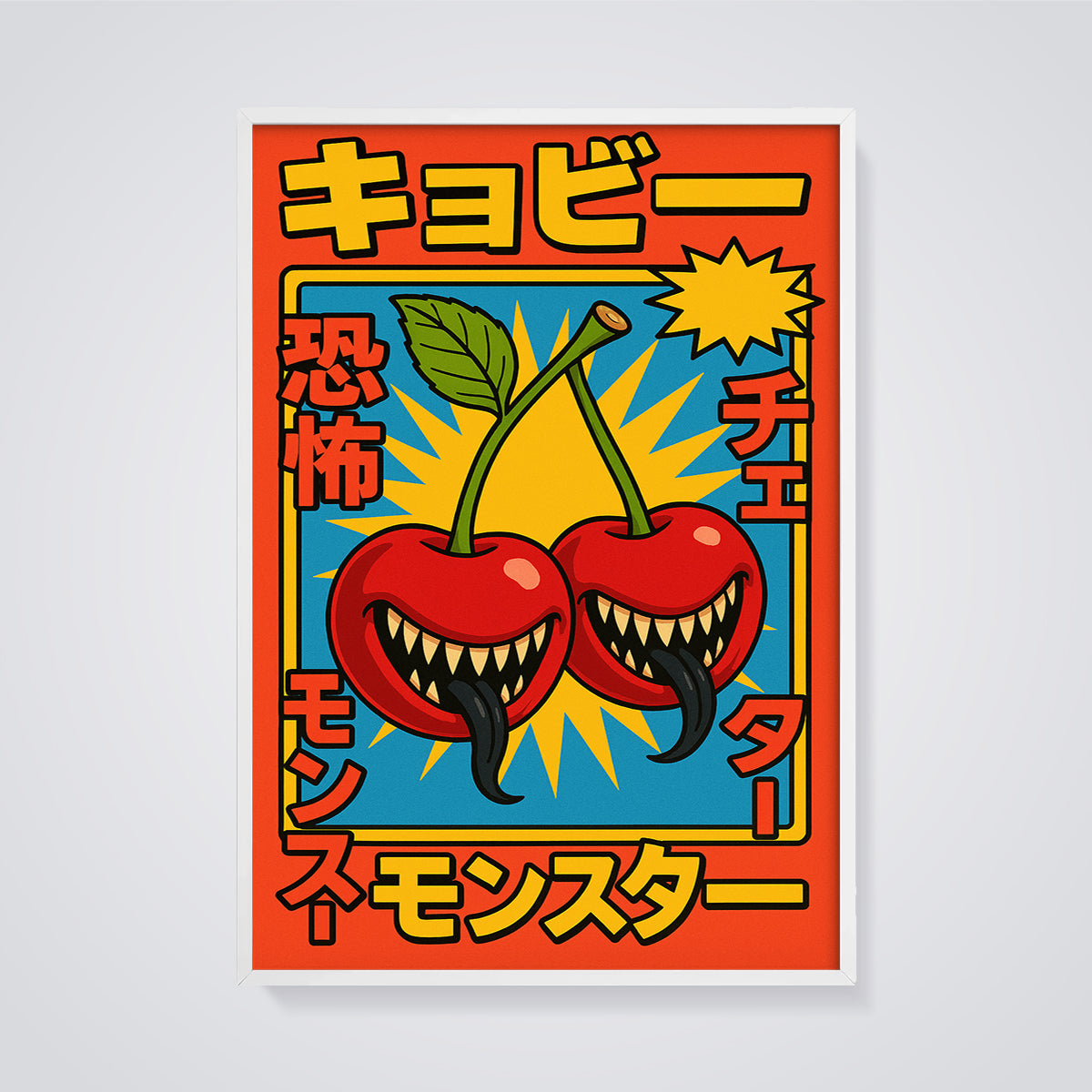 Monster Cherries Print framed in white on a grey background
