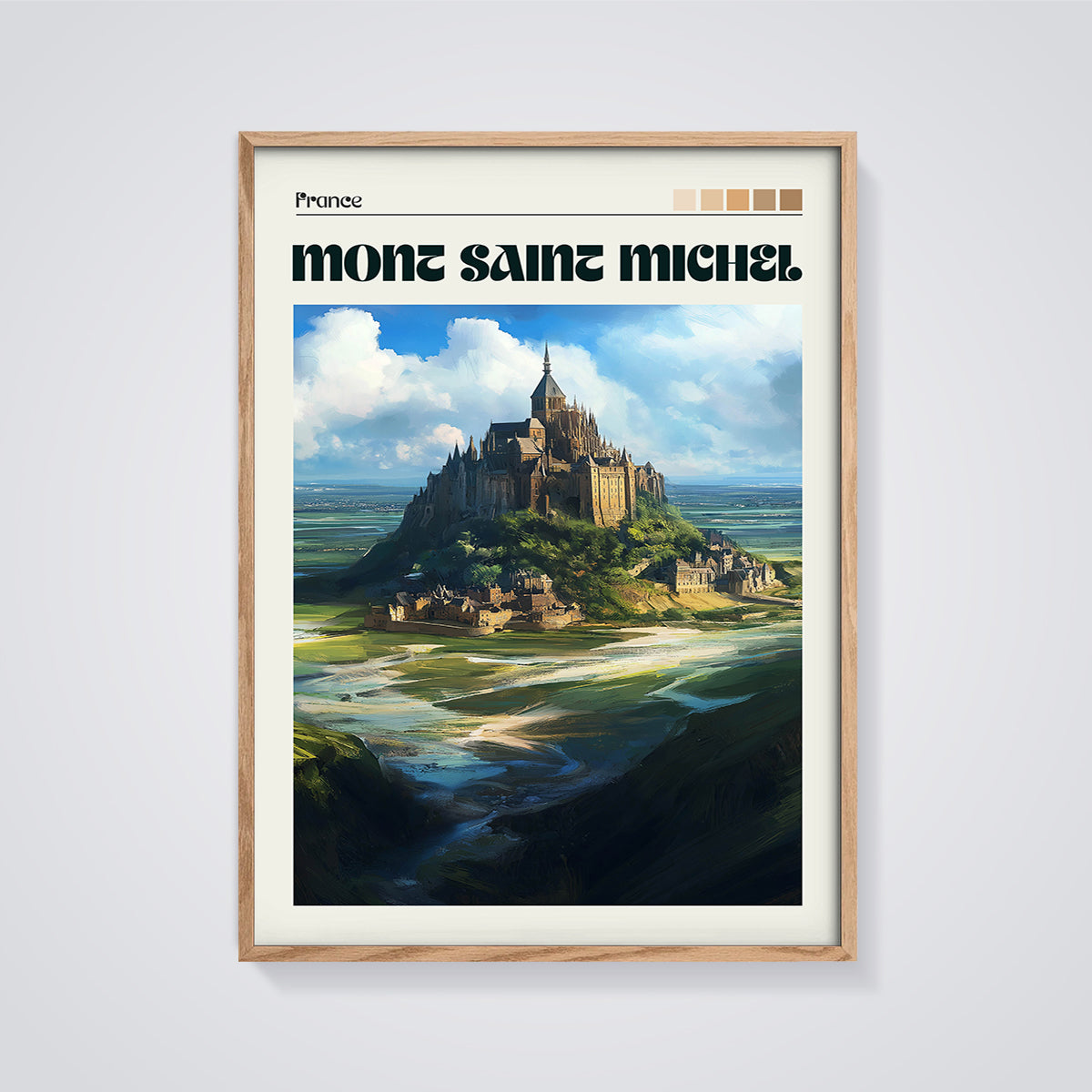 Mont Saint Michel Abbey Print framed in oak on a grey background