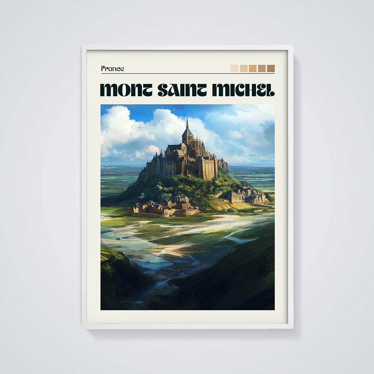 Mont Saint Michel Abbey Print framed in white on a grey background