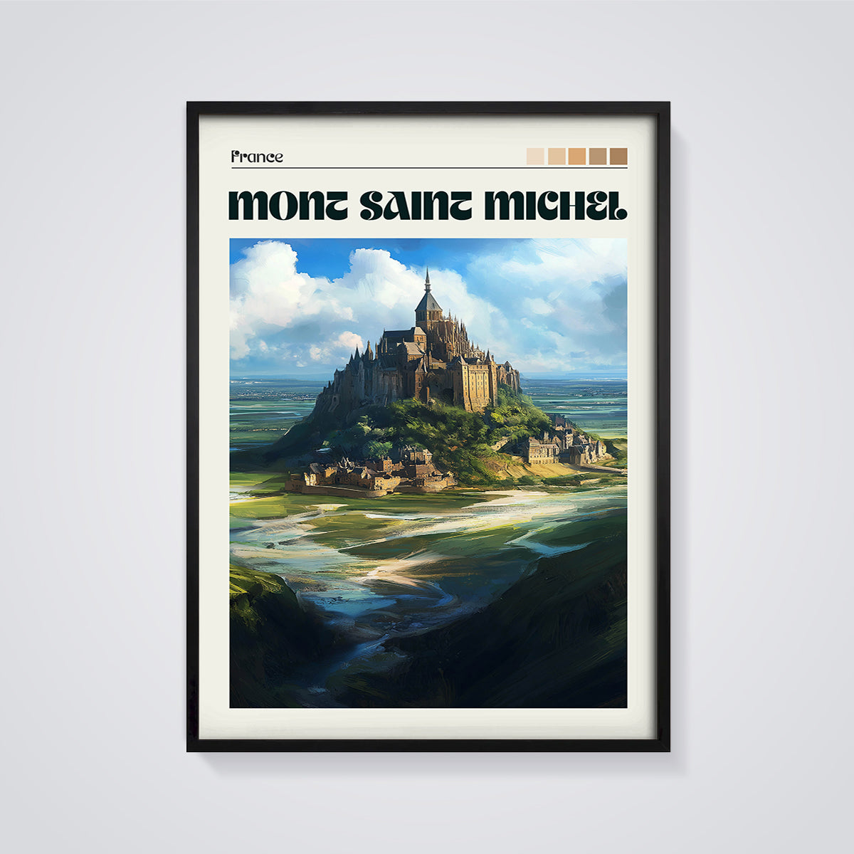 Mont Saint Michel Abbey Print framed in black on a grey background