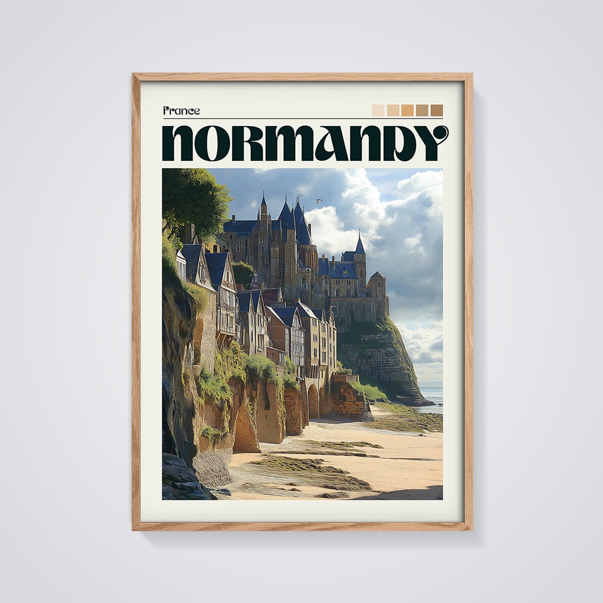 Mont Saint-Michel Normandy Print framed in oak on a grey background