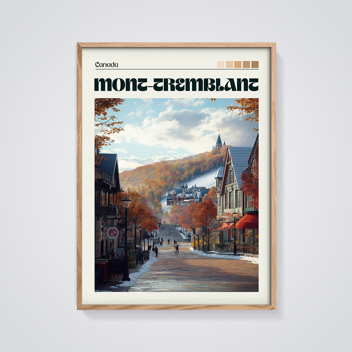 Mont-Tremblant Autumn Village Print framed in oak on a grey background