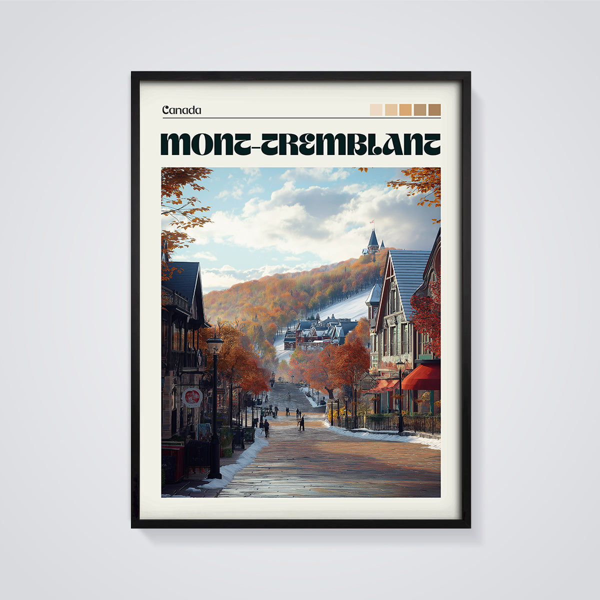 Mont-Tremblant Autumn Village Print framed in black on a grey background