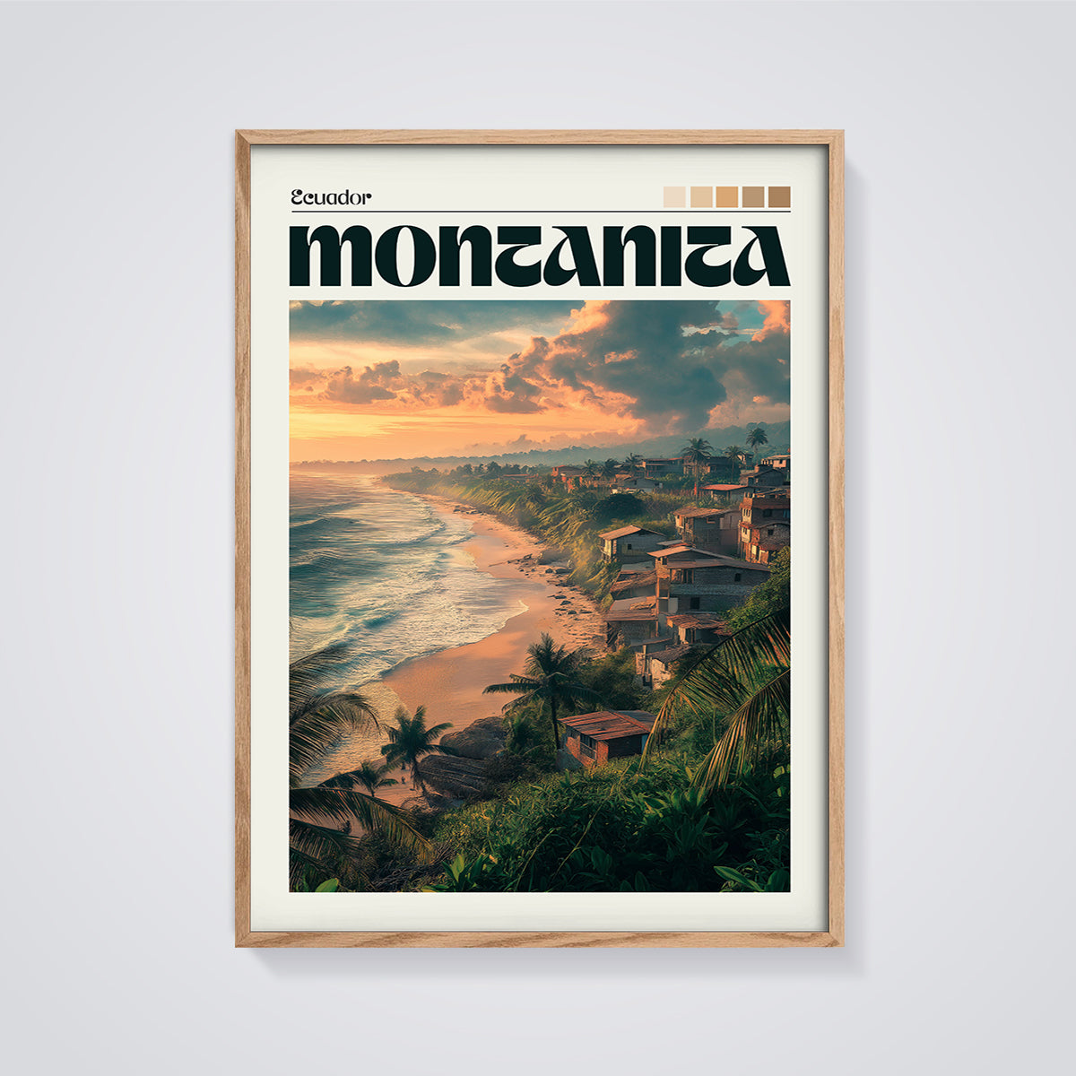 Montañita Ecuador Sunset Beach Print framed in oak on a grey background