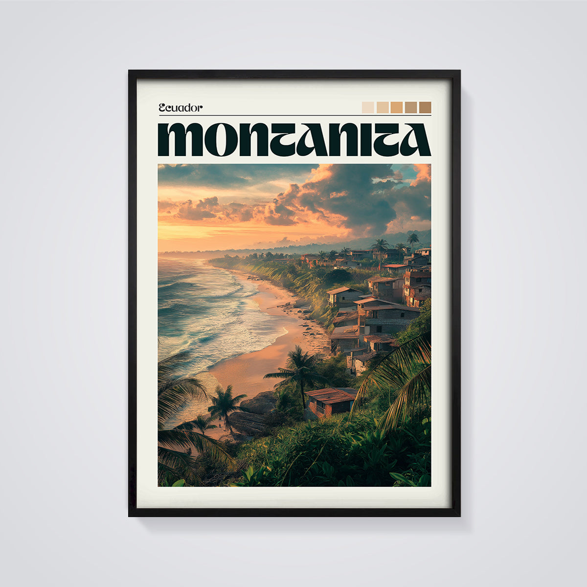 Montañita Ecuador Sunset Beach Print framed in black on a grey background