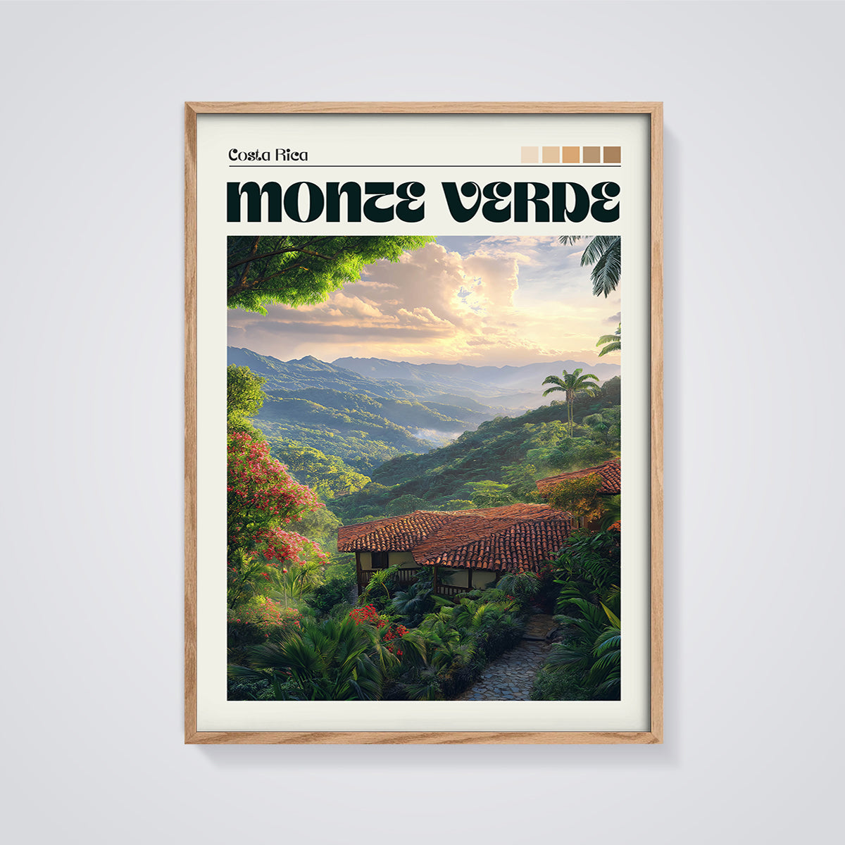 Monte Verde Cloud Forest Print framed in oak on a grey background